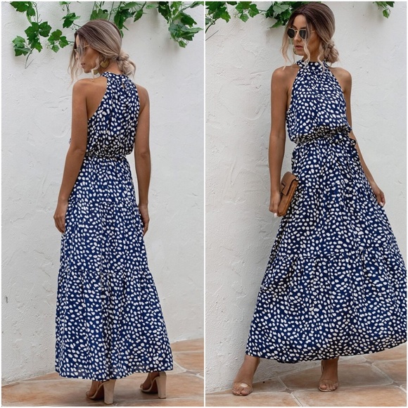 Boho navy Dalmatian dot belted halter maxi dress - Picture 4 of 4